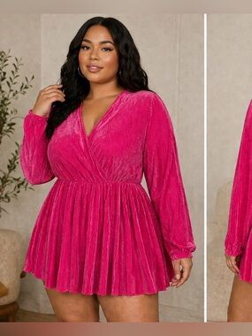 Fashion Nova Hot Pink Velvet Long-Sleeve Mini Dress